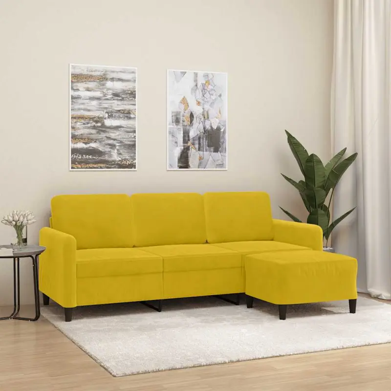 3-osobowa sofa z podnóżkiem, żółta, 180 cm, aksamit