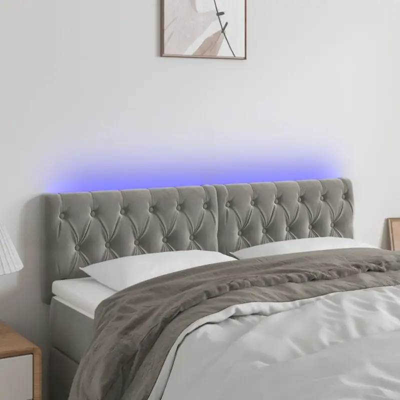 Zagłówek do łóżka z LED, jasnoszary, 160x7x78/88 cm, aksamit