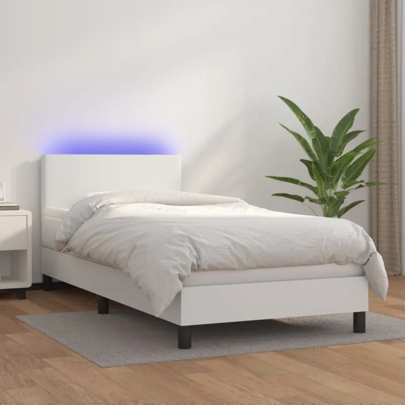 Łóżko kontynentalne z materacem i LED, biała ekoskóra 90x200 cm