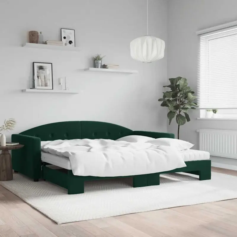Sofa rozsuwana z materacami, ciemnozielona, 100x200 cm, aksamit