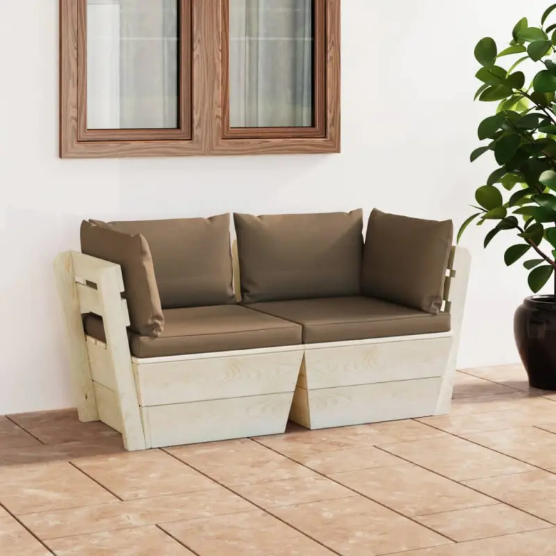 Meble ogrodowe sofa 2-osobowa z palet drewno świerkowe taupe poduszki