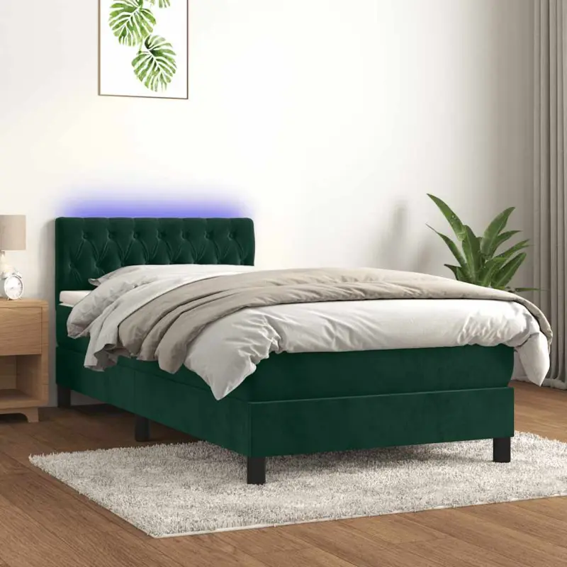 Łóżko kontynentalne z materacem i LED zielony aksamit 90x200 cm