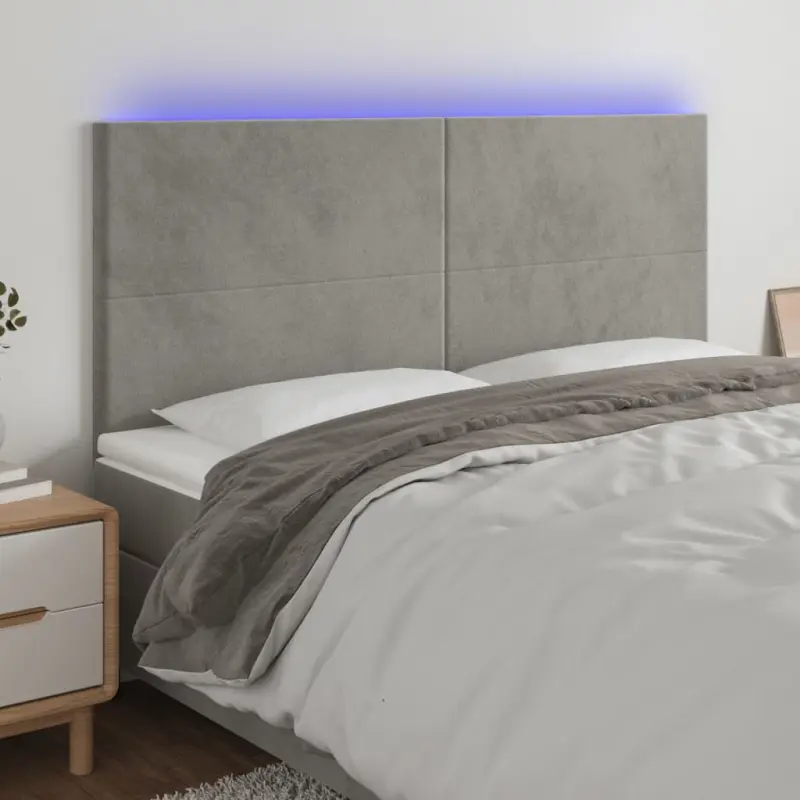 Zagłówek do łóżka z LED, jasnoszary, 200x5x118/128 cm, aksamit