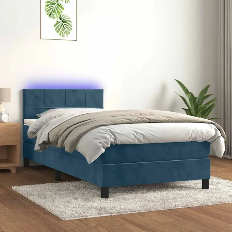 Łóżko kontynentalne, materac i LED, niebieski aksamit 90x190 cm