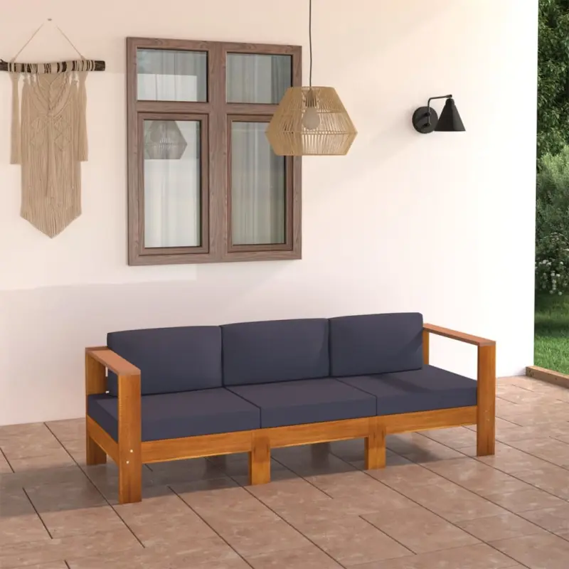 Meble ogrodowe 3-osobowa sofa akacjowa z ciemnoszarymi poduszkami