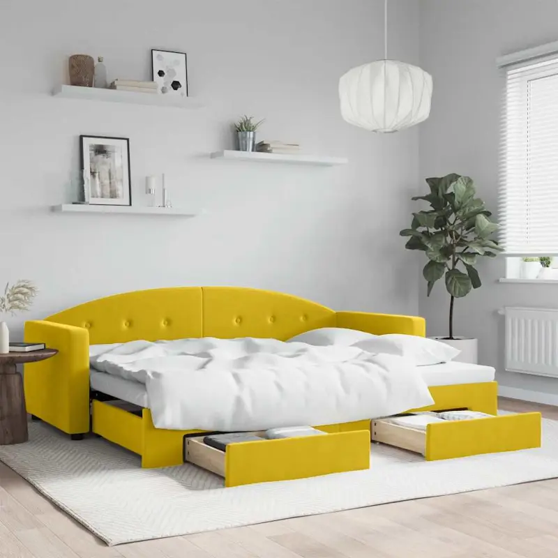 Sofa rozsuwana z szufladami, żółta, 80x200 cm, aksamit