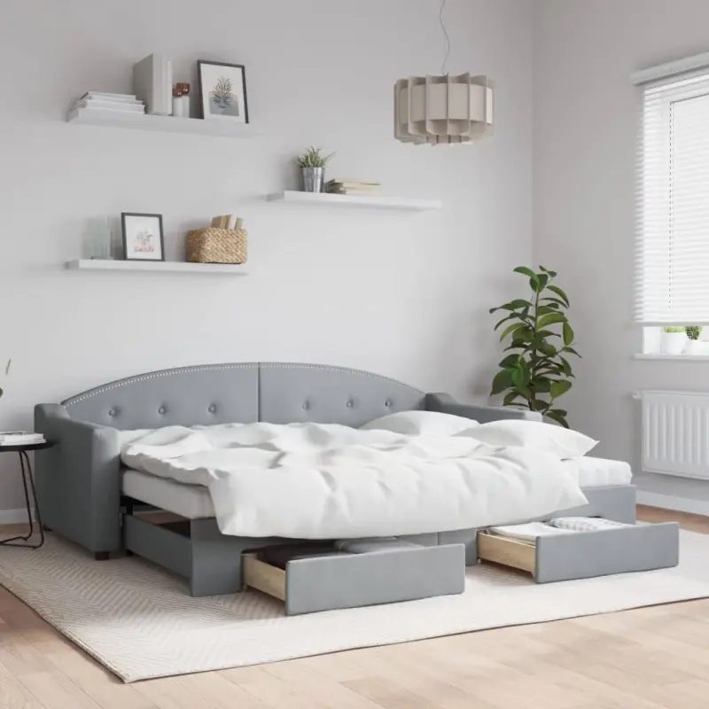 Sofa rozsuwana z szufladami, jasnoszara, 80x200 cm, tkanina