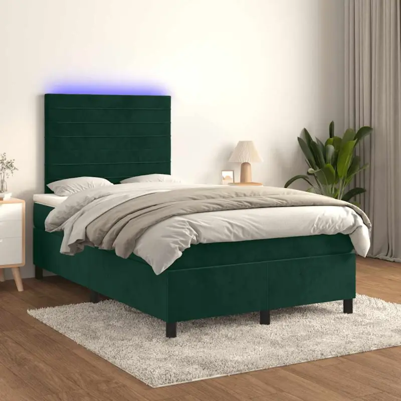 Łóżko kontynentalne z materacem i LED zielony aksamit 120x200cm