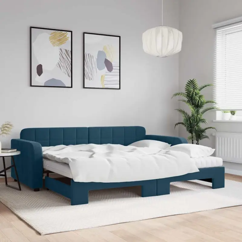 Sofa rozsuwana z materacami, niebieska, 90x200 cm, aksamit