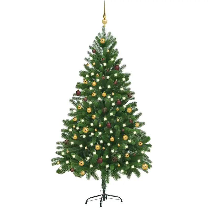 Sztuczna choinka z lampkami i bombkami, 210 cm, zielona