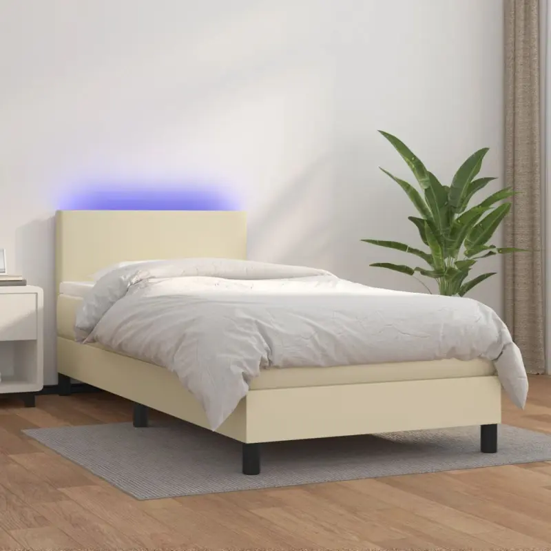 Łóżko kontynentalne z LED, materac, kremowe, ekoskóra 90x190 cm