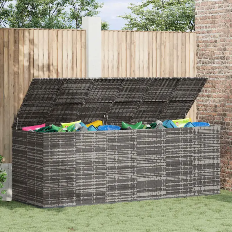 Skrzynia na poduszki ogrodowe rattan PE, 291x100,5x104cm, szara