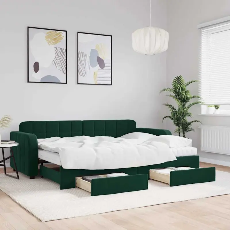 Sofa rozsuwana z szufladami, ciemnozielona, 80x200 cm, aksamit