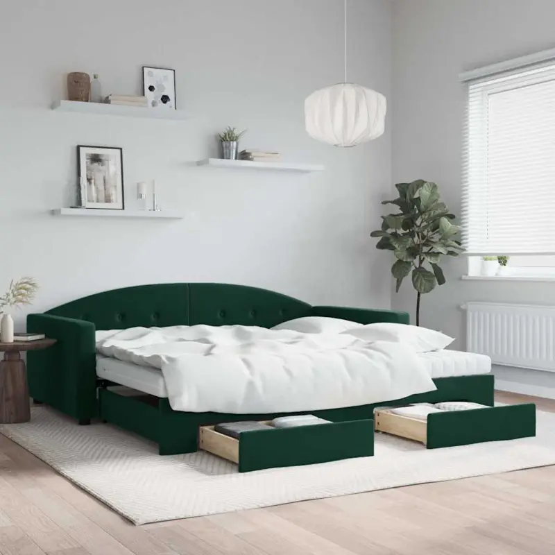 Sofa rozsuwana z szufladami, ciemnozielona, 100x200 cm, aksamit