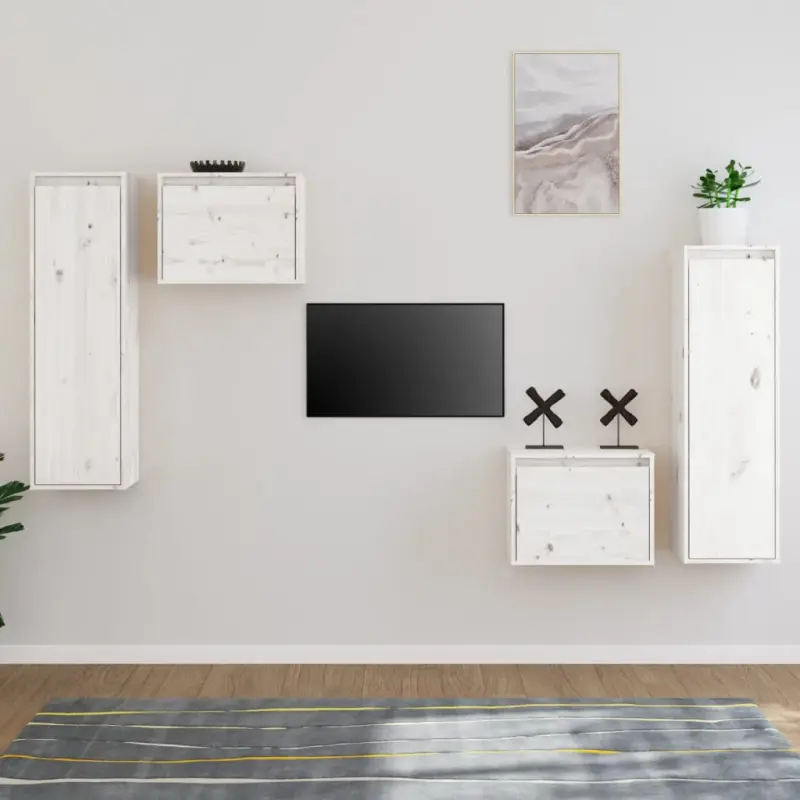 Szafki pod TV, 4 szt., białe, lite drewno sosnowe