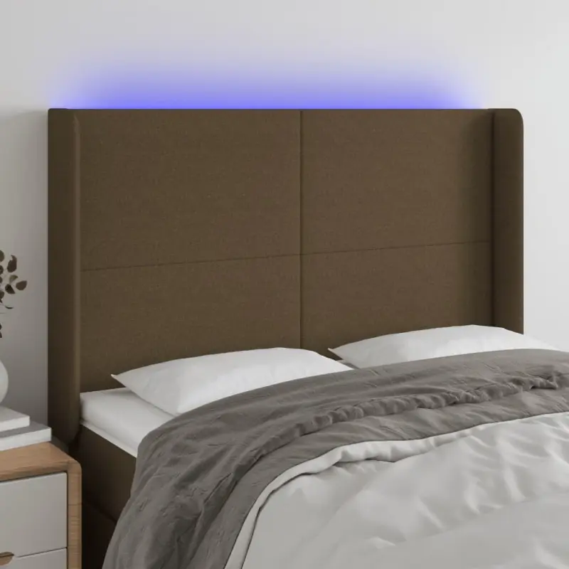 Zagłówek do łóżka z LED ciemnobrązowy 147x16x118/128 cm tkanina