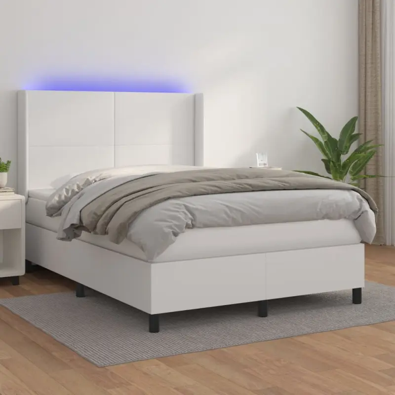 Łóżko kontynentalne z materacem i LED, biała ekoskóra 140x200cm