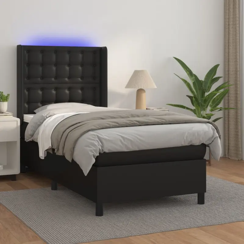 Łóżko kontynentalne z materacem i LED czarna ekoskóra 90x200 cm