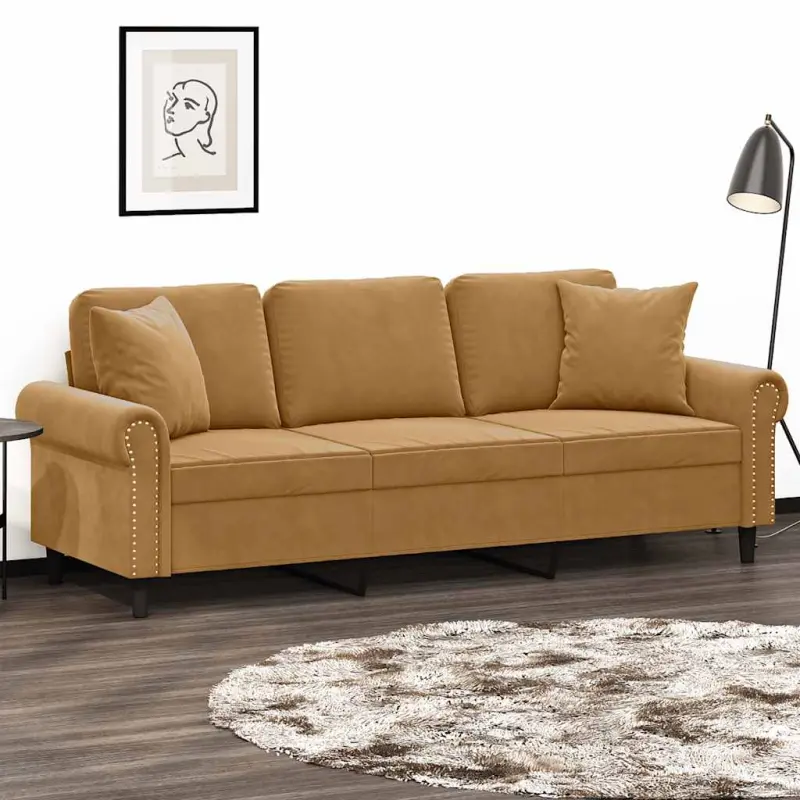 3-osobowa sofa z poduszkami, brązowa, 180 cm, aksamit