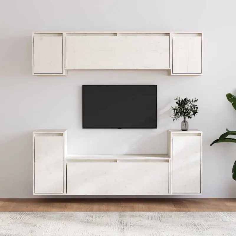 Szafki pod TV, 6 szt., białe, lite drewno sosnowe
