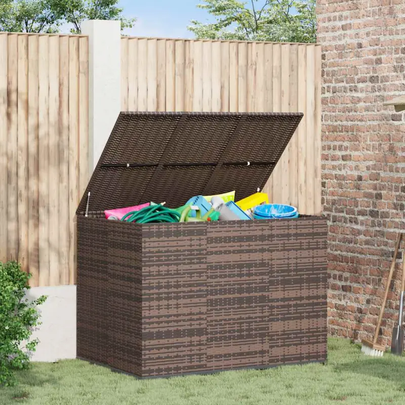 Skrzynia na poduszki ogrodowe, rattan PE, 145x100x103cm, brąz