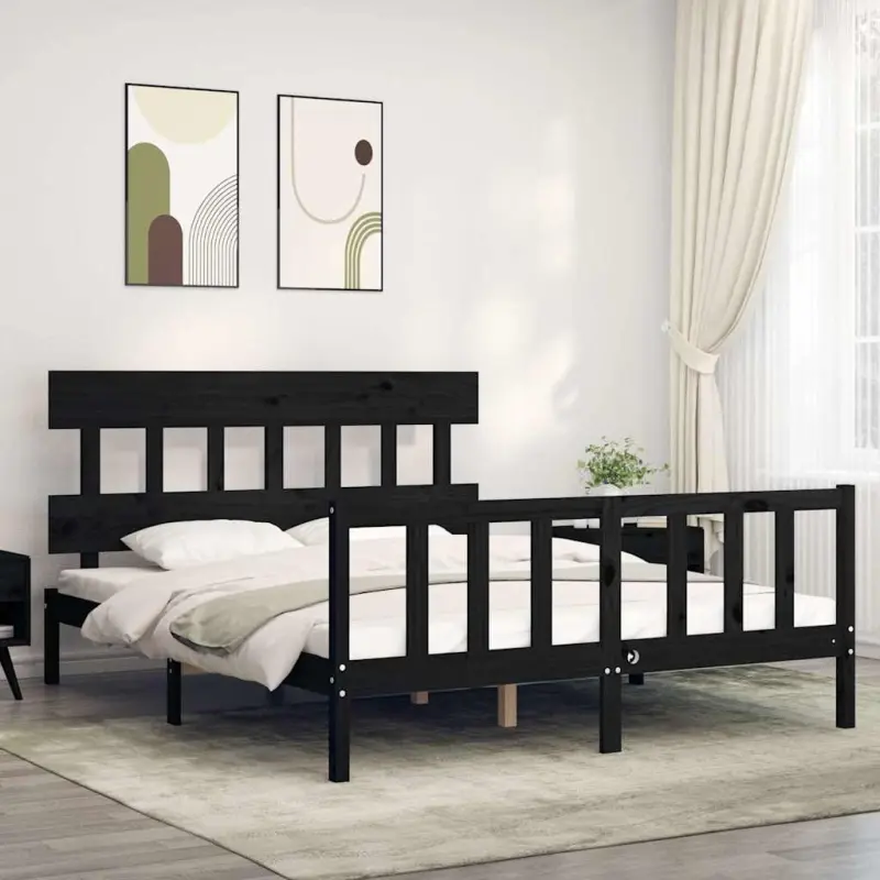 Rama łóżka z wezgłowiem, czarna, King Size, lite drewno