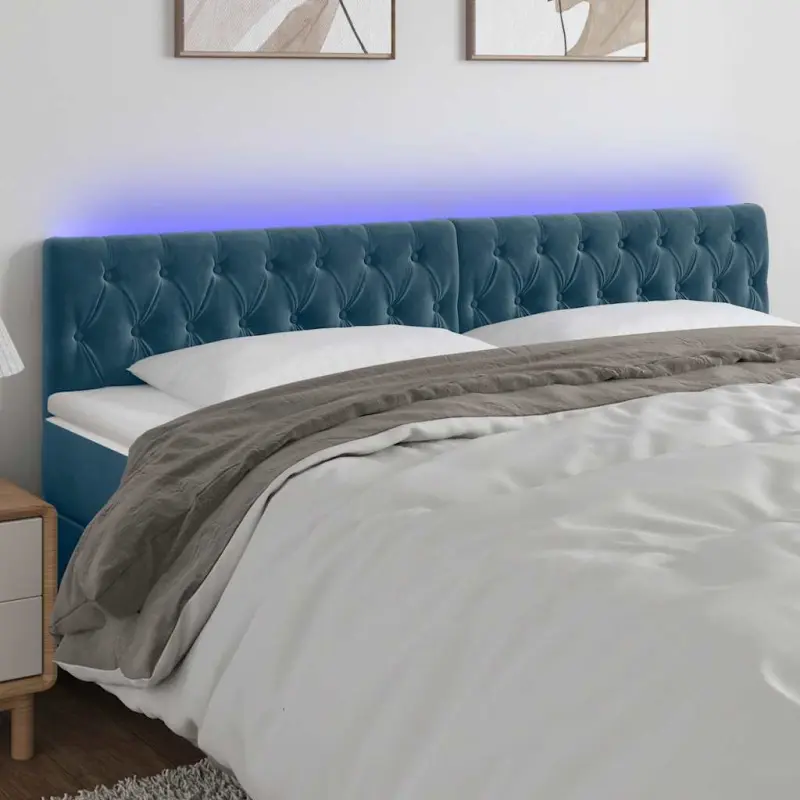 Zagłówek do łóżka z LED, ciemnoniebieski 180x7x78/88cm, aksamit