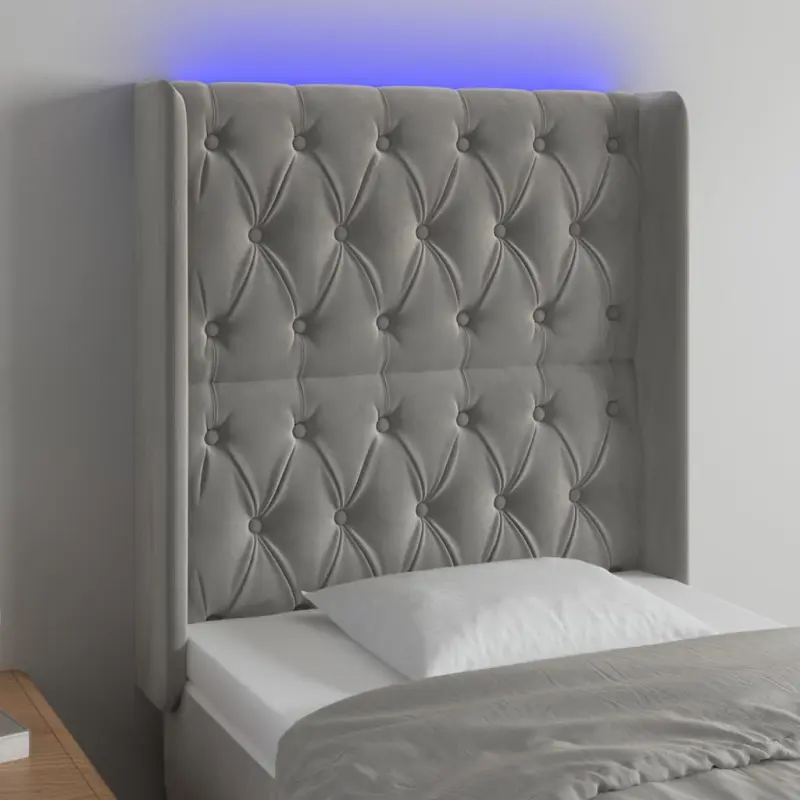 Zagłówek do łóżka z LED, jasnoszary, 83x16x118/128 cm, aksamit