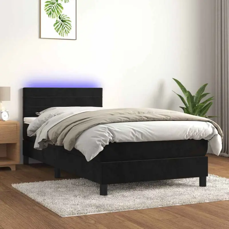 Łóżko kontynentalne z materacem i LED, czarny aksamit 90x200 cm