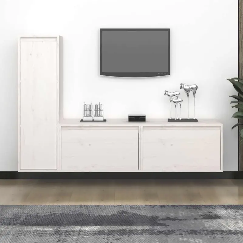 Szafki pod TV, 3 szt., białe, lite drewno sosnowe