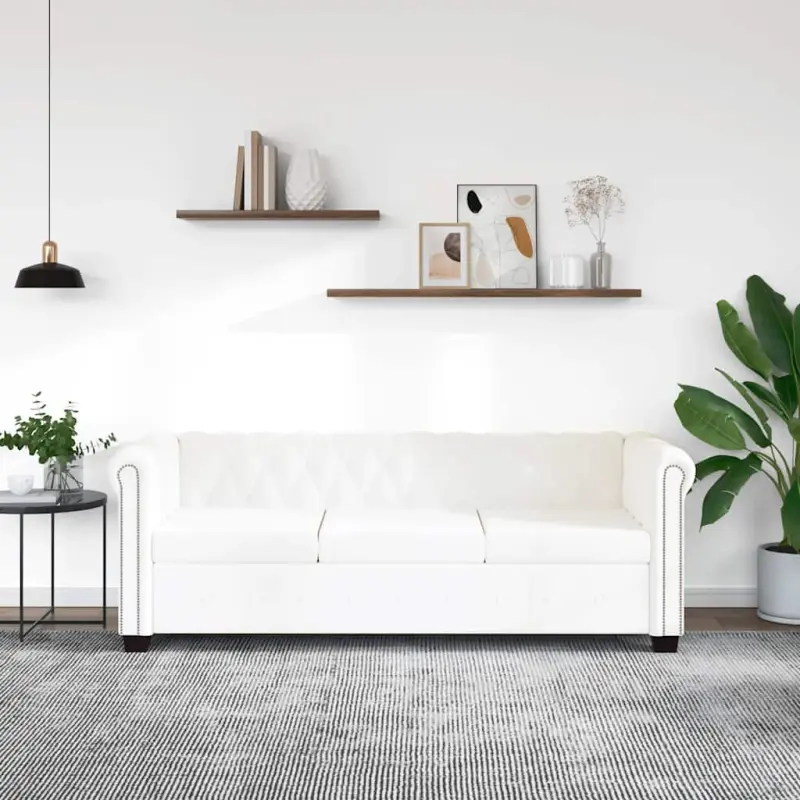 Sofa 3-osobowa w stylu Chesterfield, sztuczna skóra, biała