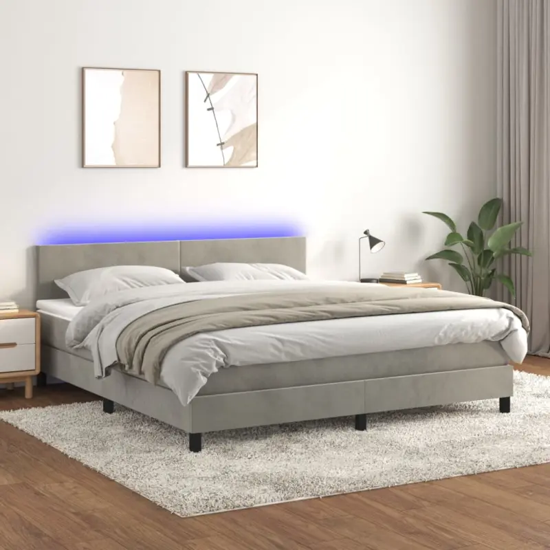 Łóżko kontynentalne z materacem i LED, szare 180x200cm, aksamit