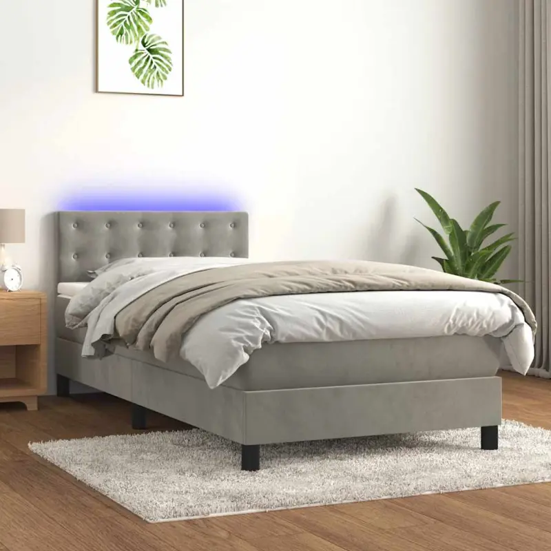 Łóżko kontynentalne z materacem i LED, szare 80x200 cm, aksamit