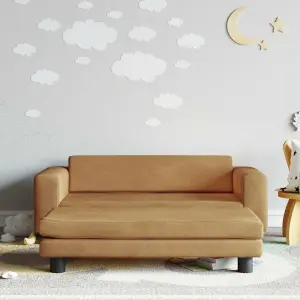 Sofa dziecięca z podnóżkiem, brązowa, 100x50x30 cm, aksamit