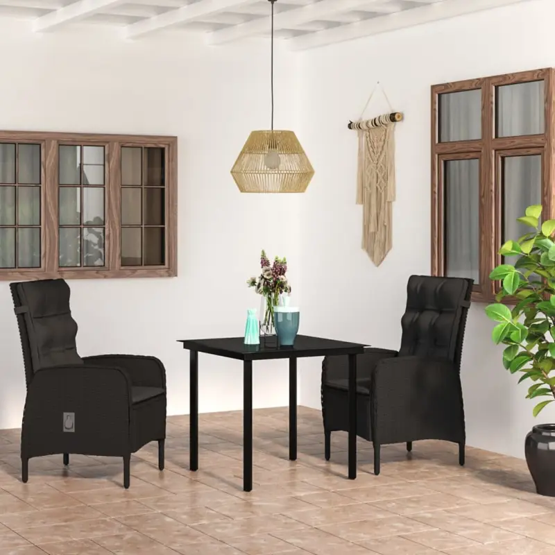 Meble ogrodowe 3-czarny zestaw z poduszkami rattan PE stal szkło