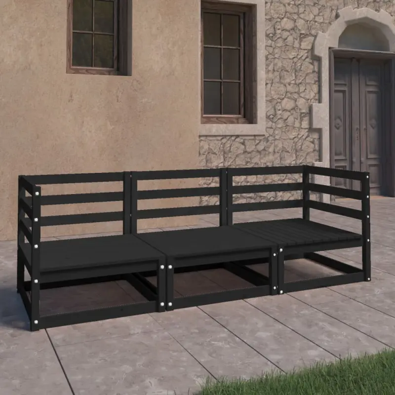 3-osobowa sofa ogrodowa, czarna, lite drewno sosnowe