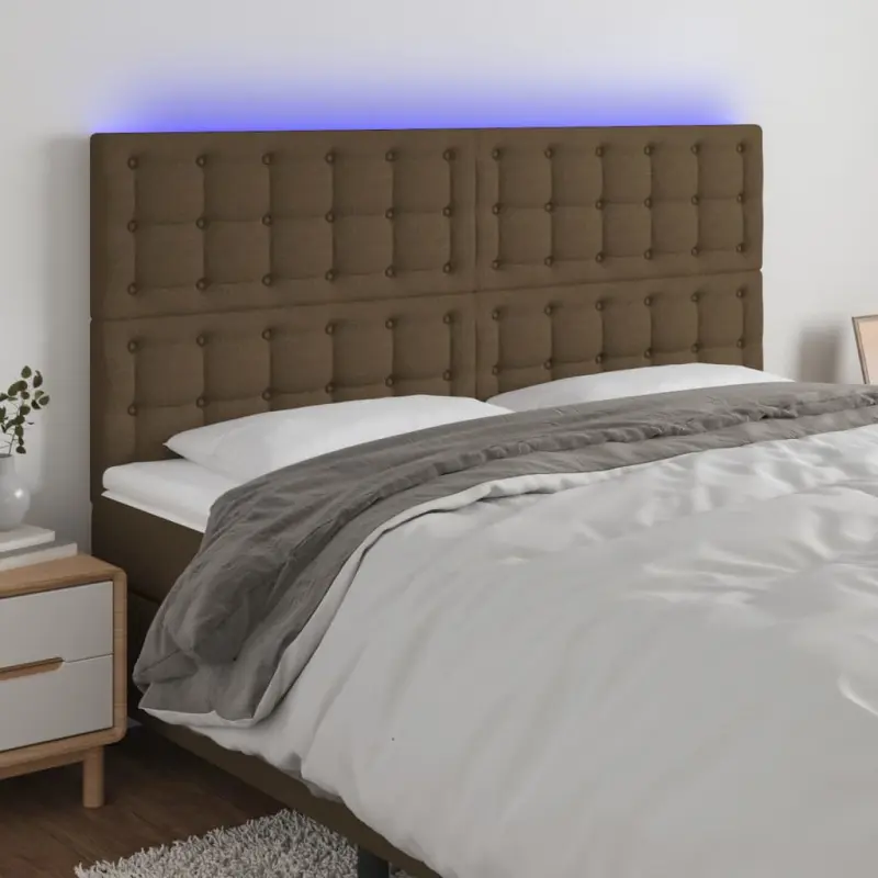 Zagłówek do łóżka z LED ciemnobrązowy 160x5x118/128 cm tkanina