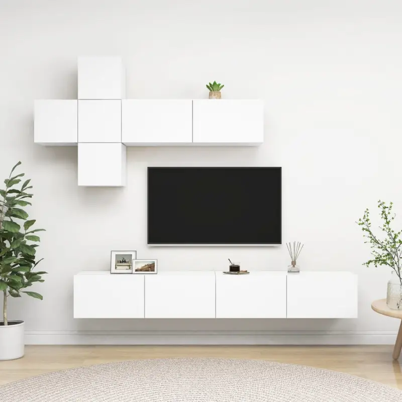 7-cz. zestaw szafek TV, biały, materiał drewnopochodny