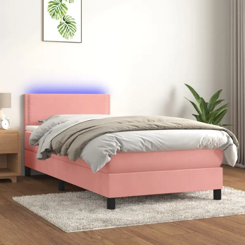 Łóżko kontynentalne z materacem i LED, różowy aksamit 100x200cm