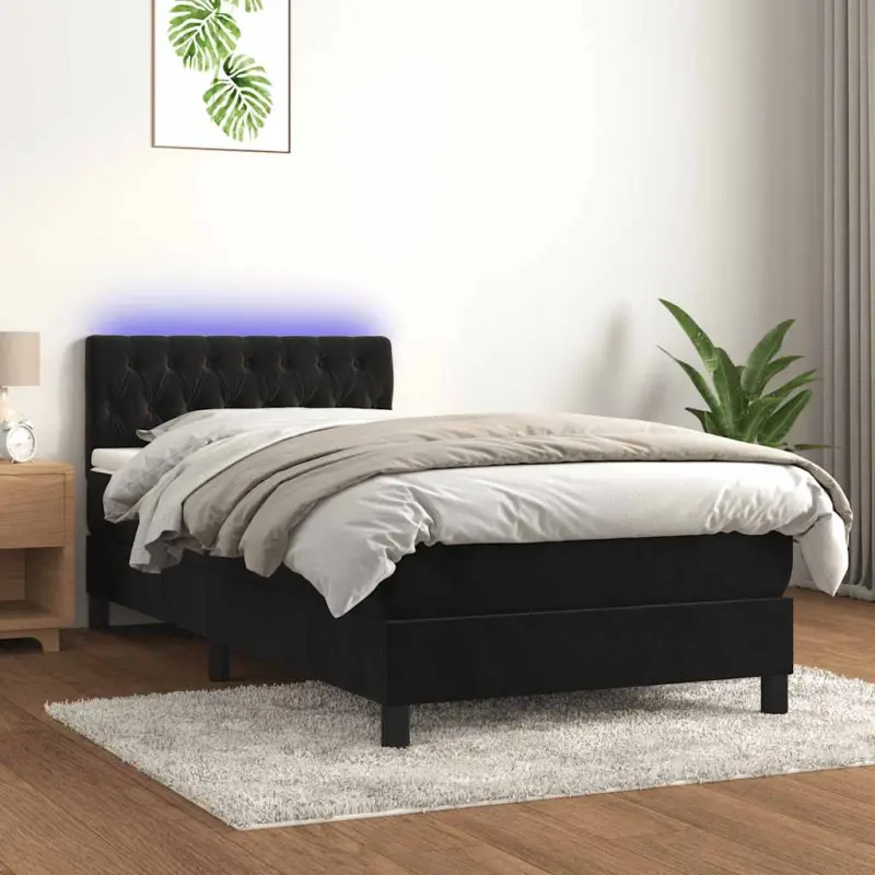 Łóżko kontynentalne z materacem i LED, czarny aksamit 90x200 cm
