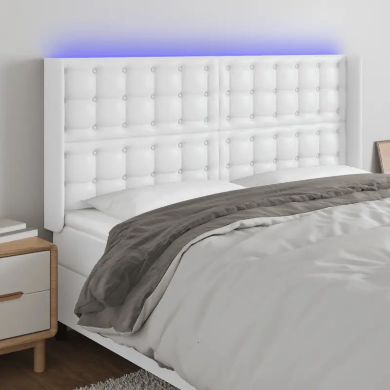 Zagłówek do łóżka z LED, biały, 163x16x118/128cm sztuczna skóra