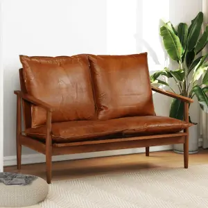 2-osobowa sofa z prawdziwej skóry i drewna akacjowego, brązowa