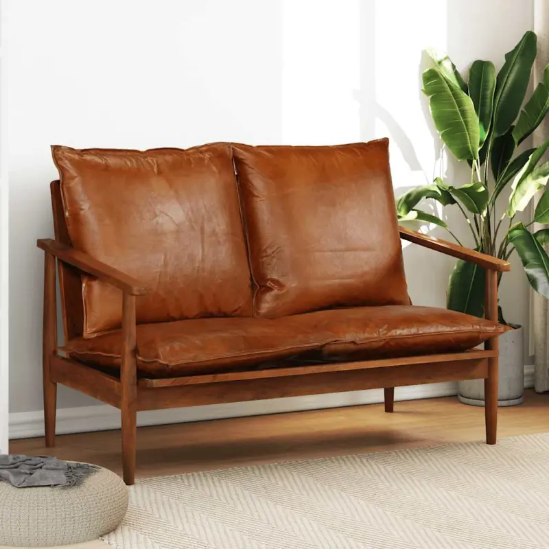 2-osobowa sofa z prawdziwej skóry i drewna akacjowego, brązowa