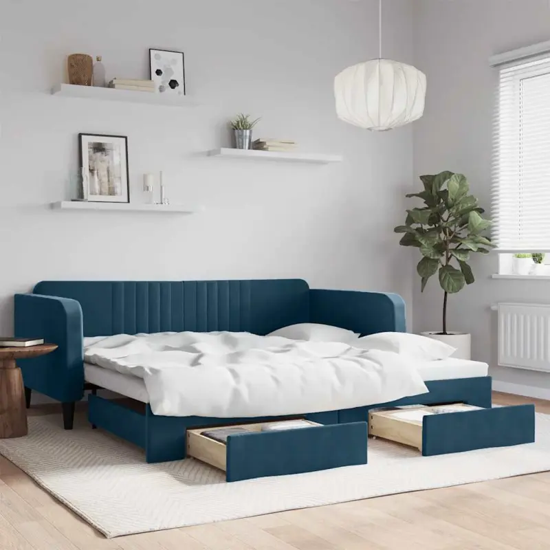 Sofa rozsuwana z szufladami, niebieska, 100x200 cm, aksamit