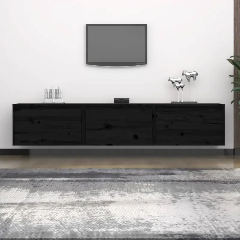 Szafki pod TV, 3 szt., czarne, lite drewno sosnowe
