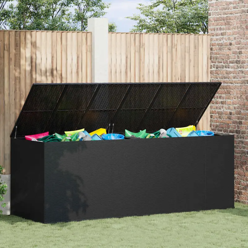 Skrzynia na poduszki ogrodowe rattan PE, 291x100,5x104cm czarna