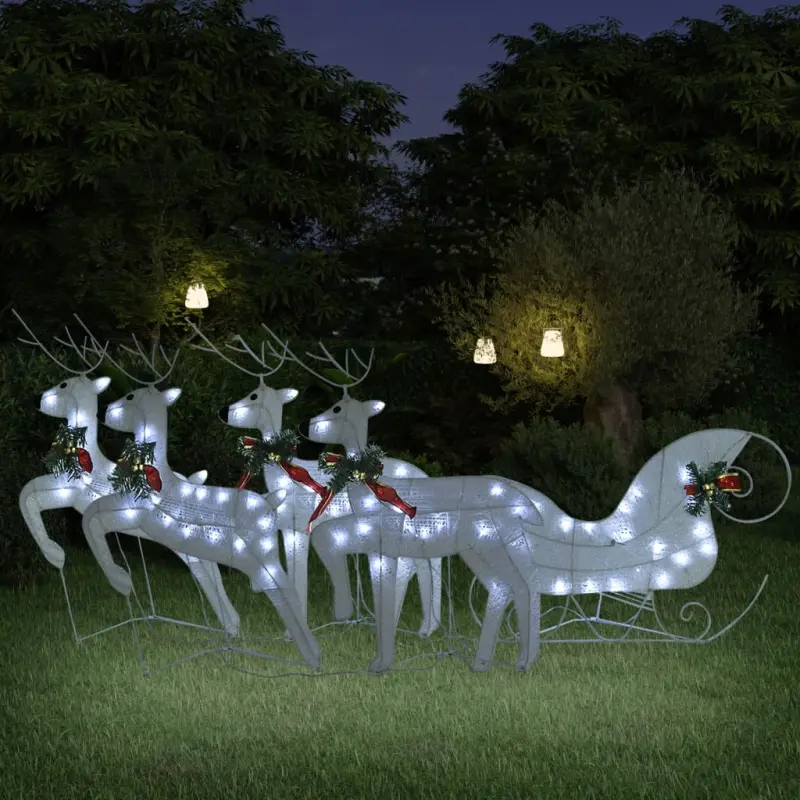 Renifery z saniami, dekoracja do ogrodu, 100 diod LED, białe
