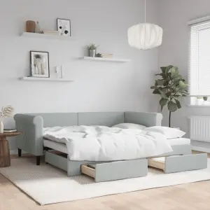 Sofa rozsuwana z szufladami, jasnoszara, 90x190 cm, aksamit
