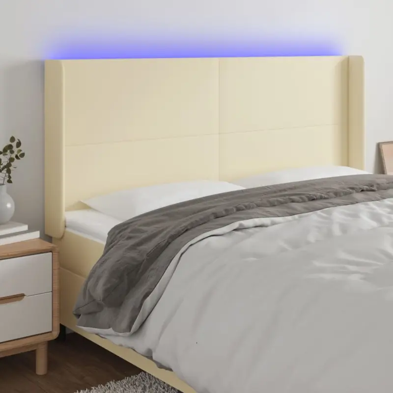 Zagłówek do łóżka z LED kremowy 183x16x118/128cm sztuczna skóra