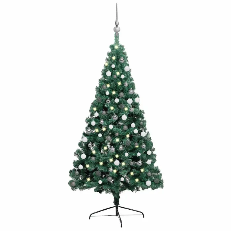 Choinka z lampkami i bombkami, połówka, zielona, 120 cm